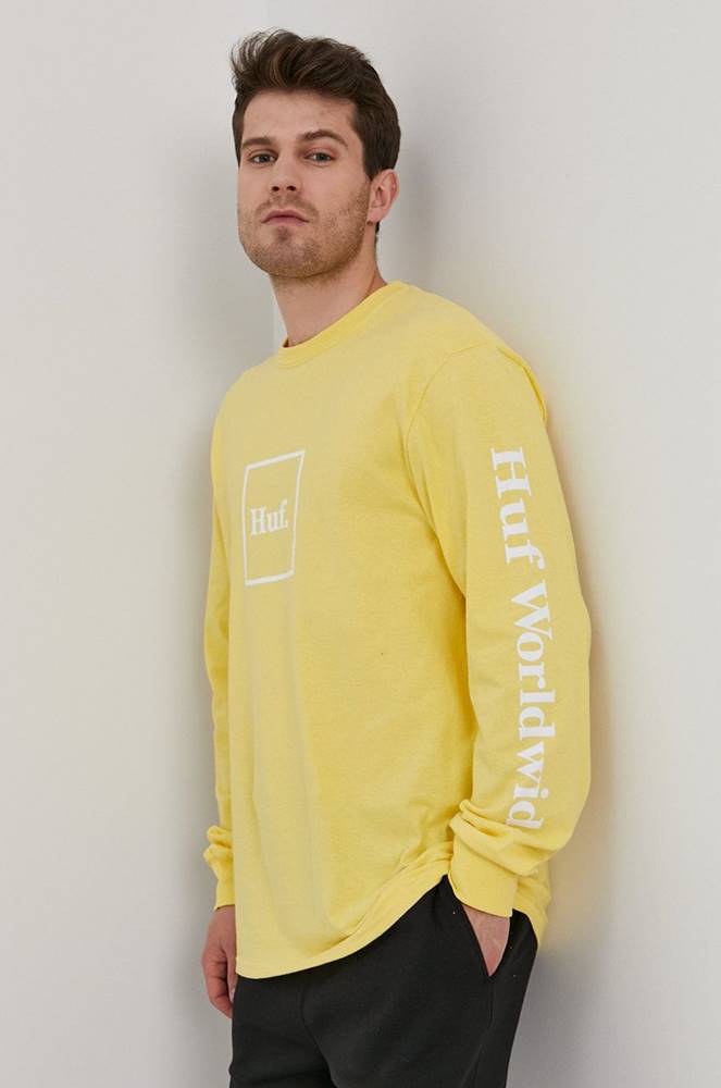 Bavlnené tričko s dlhým rukávom HUF žltá farba, s potlačou