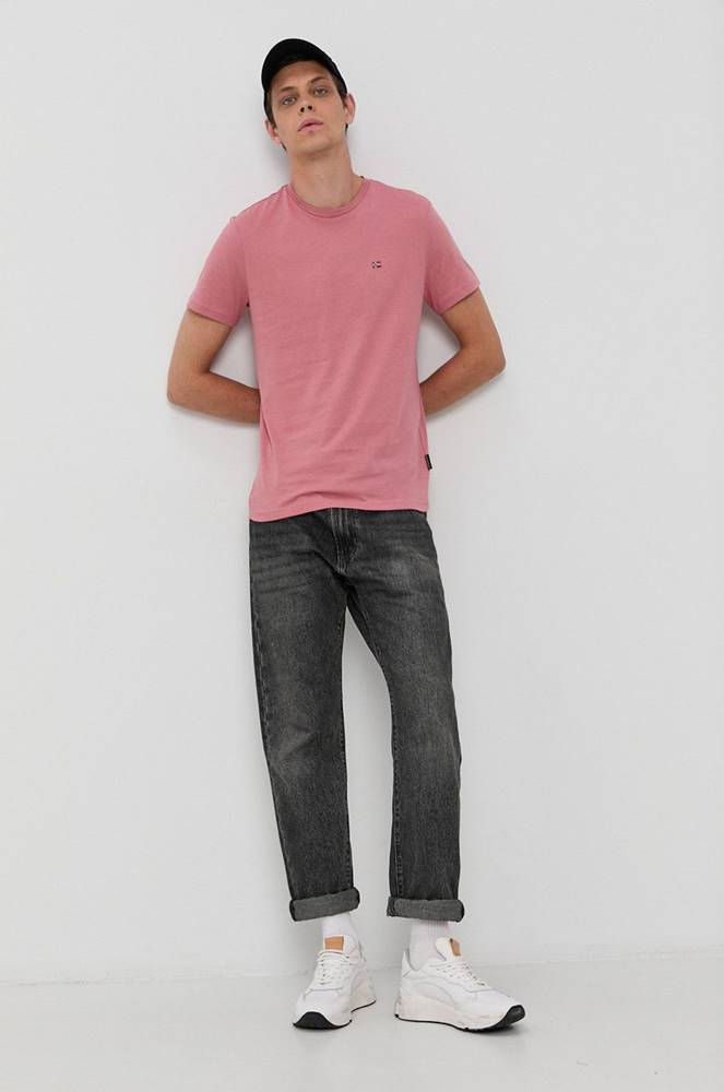Bavlnené tričko Napapijri ružová farba, jednofarebné