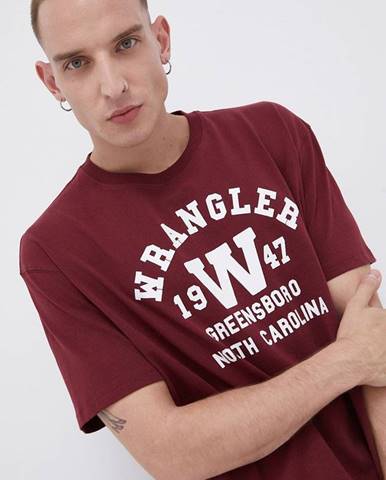 Bavlnené tričko Wrangler bordová farba, s potlačou