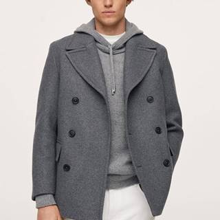 Kabát Mango Man pánsky, šedá farba, prechodný, dvojradový