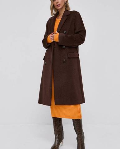 Vlnený kabát Boss hnedá farba, prechodný, dvojradový