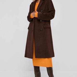 Vlnený kabát Boss hnedá farba, prechodný, dvojradový