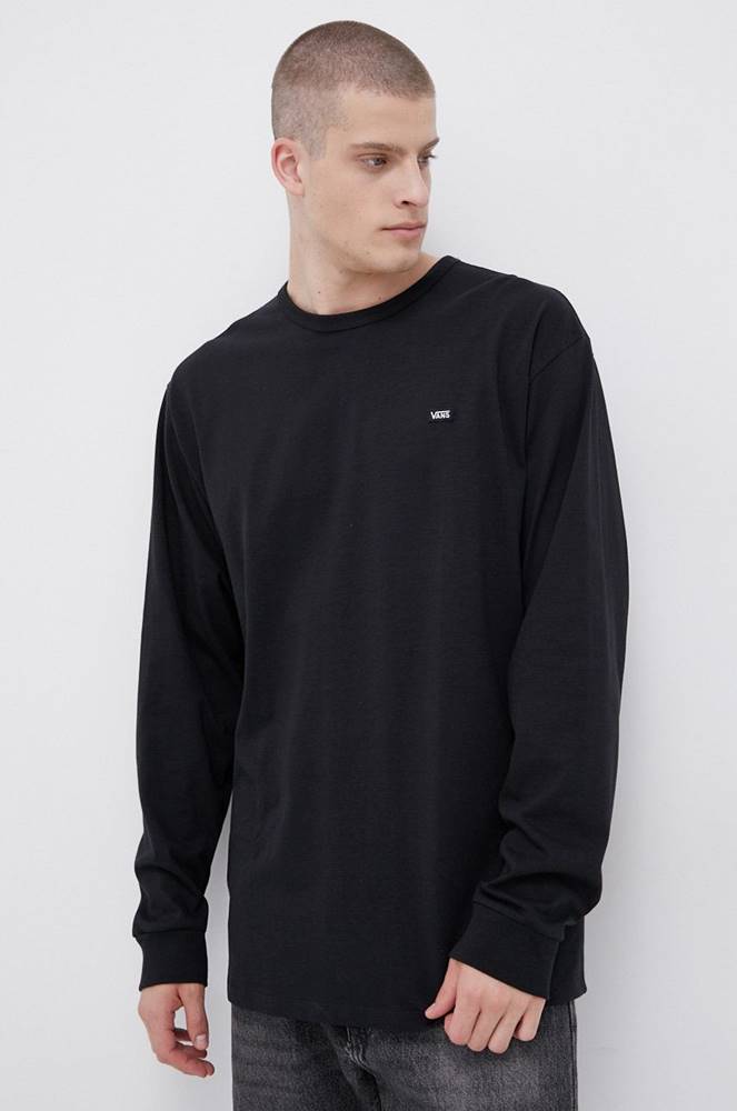 Bavlnené tričko s dlhým rukávom Vans čierna farba, jednofarebné