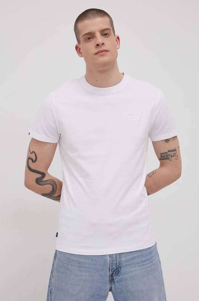 Bavlnené tričko Superdry biela farba, jednofarebné