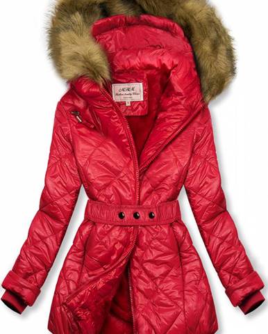 Červená lesklá zimná bunda s opaskom