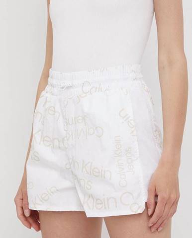 Šortky Calvin Klein Jeans dámske, biela farba, s potlačou, stredne vysoký pás