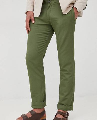 Ľanové nohavice La Martina pánske, zelená farba, rovné