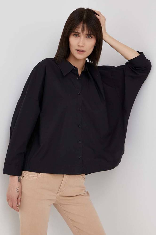 Bavlnená košeľa Sisley dámska, čierna farba, voľný strih, s klasickým golierom