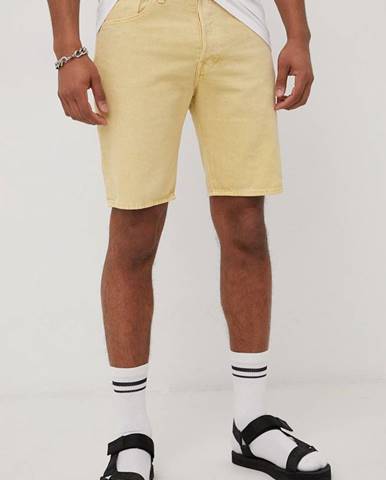 Rifľové krátke nohavice Levi's pánske, žltá farba,