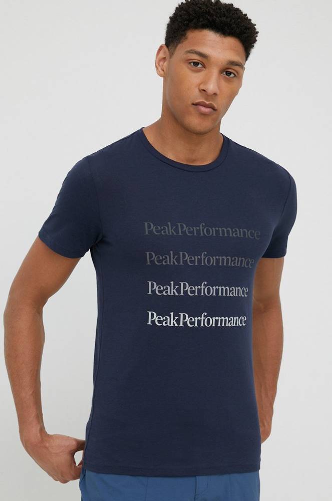 Bavlnené tričko Peak Performance tmavomodrá farba, s potlačou