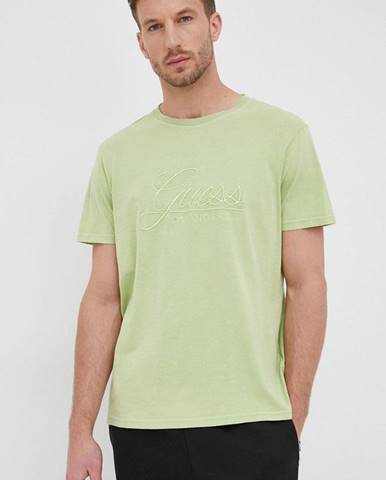Bavlnené tričko Guess zelená farba, s nášivkou