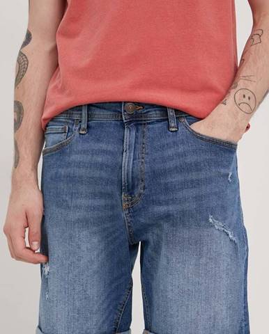 Rifľové krátke nohavice Produkt by Jack & Jones pánske, tmavomodrá farba,