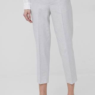 Ľanové nohavice Drykorn dámske, šedá farba, rovné, stredne vysoký pás