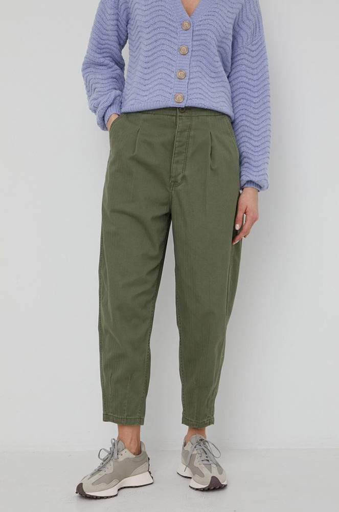 Bavlnené nohavice Polo Ralph Lauren dámske, zelená farba, široké, vysoký pás