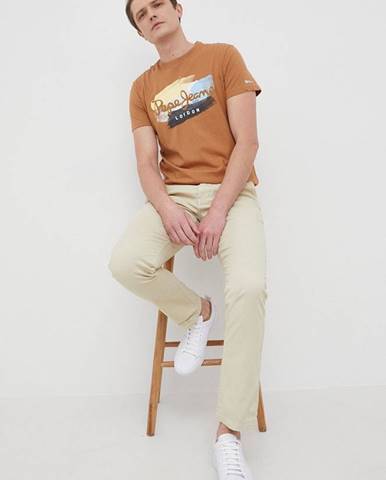 Nohavice Pepe Jeans Sloane pánske, béžová farba, strih chinos