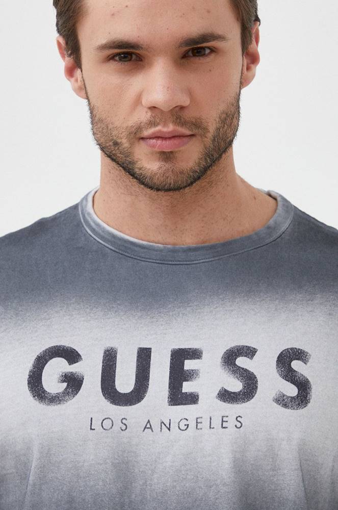 Bavlnené tričko Guess šedá farba, s potlačou