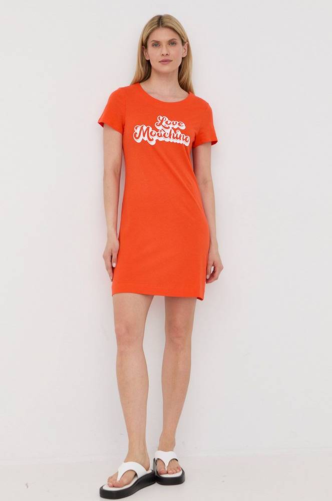Bavlnené šaty Love Moschino oranžová farba, mini, rovný strih
