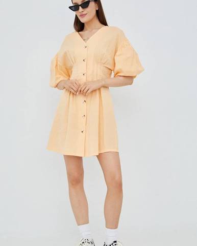 Šaty s prímesou ľanu Vila oranžová farba, mini, áčkový strih