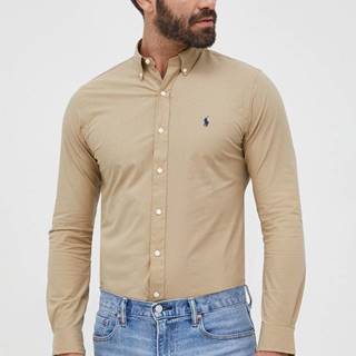 Košeľa Polo Ralph Lauren pánska, béžová farba, slim, s golierom button-down