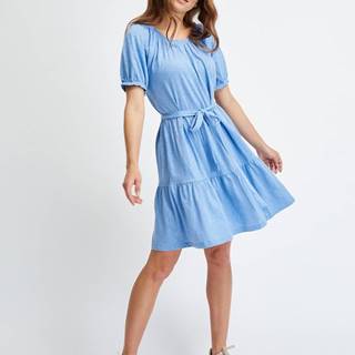 Modré dámske volánové šaty so zaväzovaním