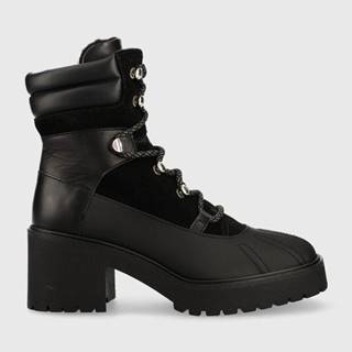 Kožené členkové topánky Tommy Hilfiger Heel Laced Outdoor Boot dámske, čierna farba, na podpätku, jemne zateplené