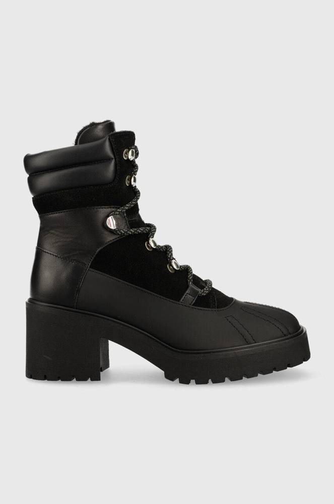 Kožené členkové topánky Tommy Hilfiger Heel Laced Outdoor Boot dámske, čierna farba, na podpätku, jemne zateplené