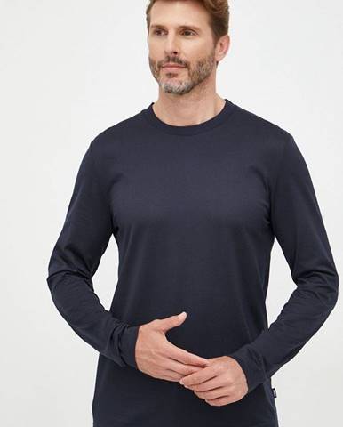 Bavlnené tričko s dlhým rukávom BOSS tmavomodrá farba, jednofarebné