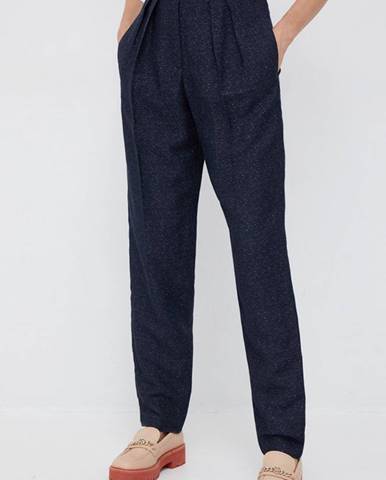 Nohavice s prímesou vlny Emporio Armani dámske, tmavomodrá farba, strih chinos, vysoký pás