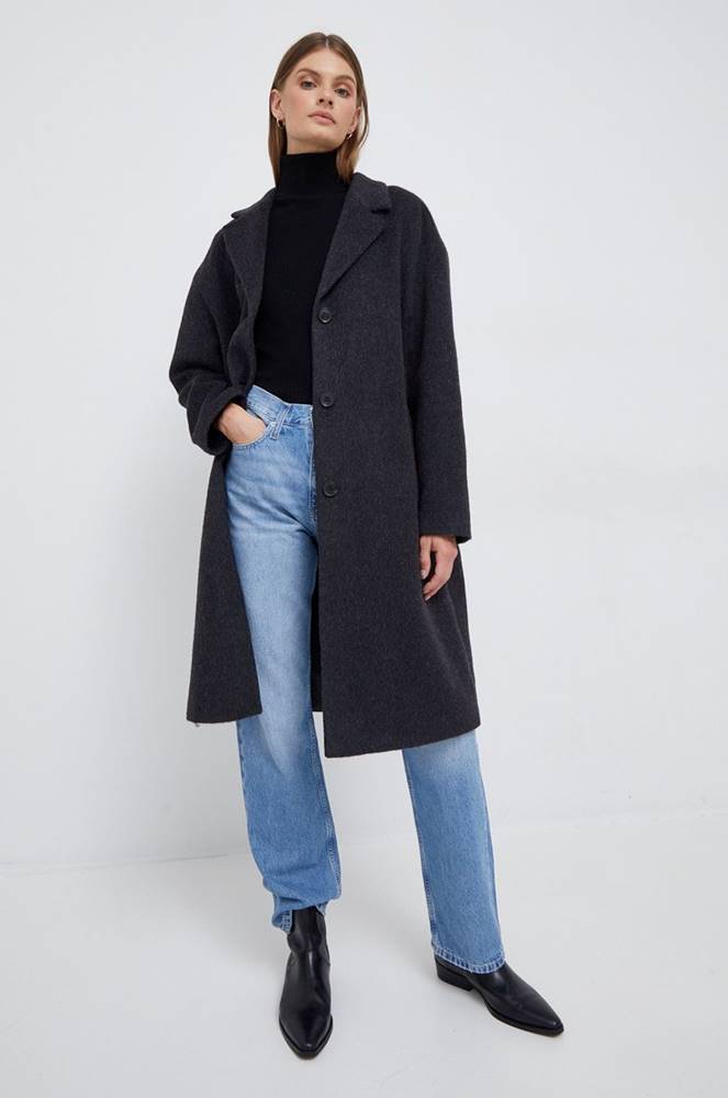 Vlnený kabát Calvin Klein šedá farba, prechodný,