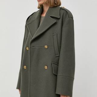 Vlnený kabát Pinko zelená farba, prechodný, dvojradový