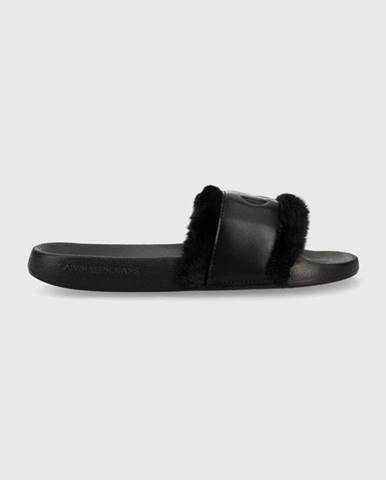 Šľapky Calvin Klein Jeans Slide W/fake Fur čierna farba