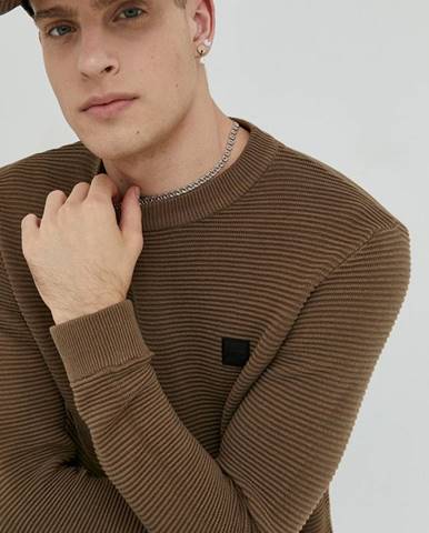 Bavlnený sveter Solid pánsky, hnedá farba, tenký,
