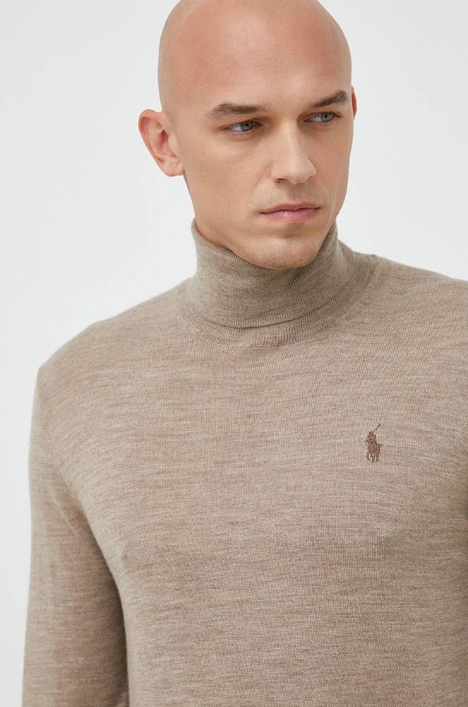 Vlnený sveter Polo Ralph Lauren pánsky, hnedá farba, tenký, s rolákom