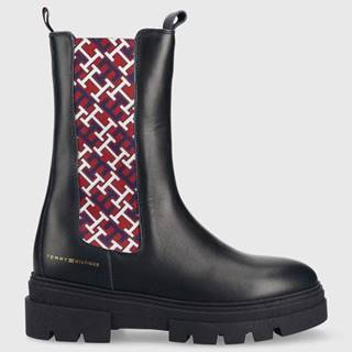 Kožené členkové topánky Tommy Hilfiger Monogram Chelsea Boot dámske, tmavomodrá farba, na plochom podpätku,