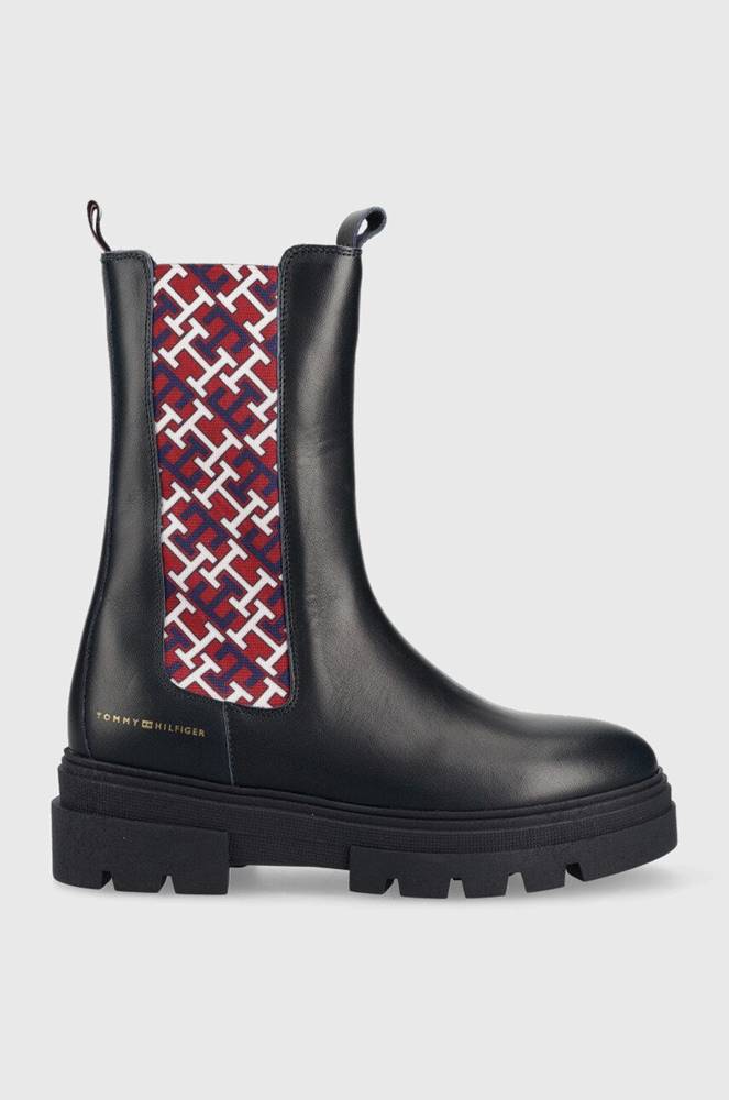 Kožené členkové topánky Tommy Hilfiger Monogram Chelsea Boot dámske, tmavomodrá farba, na plochom podpätku,