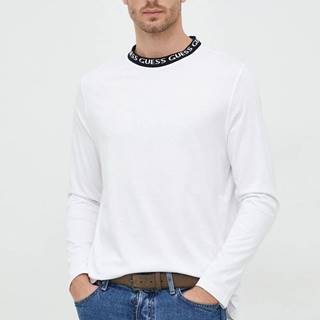 Bavlnené tričko s dlhým rukávom Guess biela farba, jednofarebné