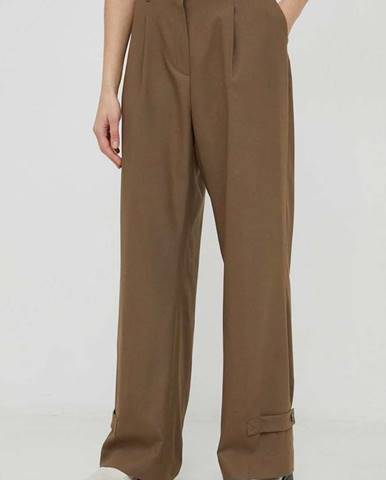 Nohavice s prímesou vlny Birgitte Herskind Logan dámske, hnedá farba, široké, vysoký pás
