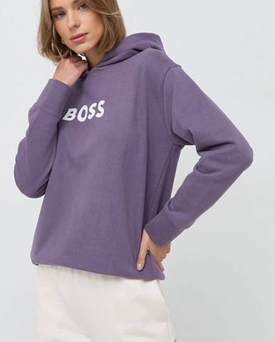 Bavlnená mikina BOSS dámska, fialová farba, s kapucňou, s potlačou