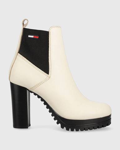 Kožené topánky chelsea Tommy Jeans Essentials High Heel Boot dámske, béžová farba, na podpätku,