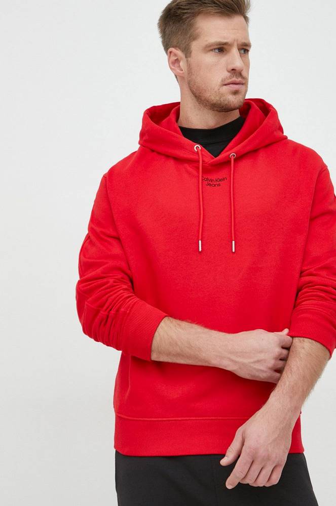 Bavlnená mikina Calvin Klein Jeans pánska, červená farba, jednofarebná
