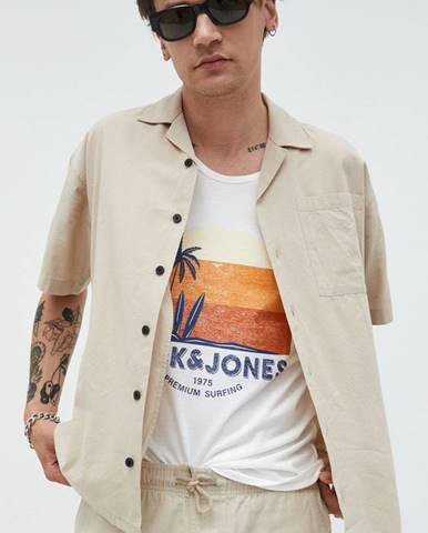 Košeľa Jack & Jones pánska, béžová farba, voľný strih,