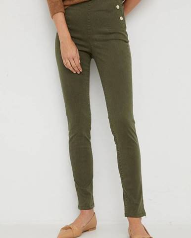 Nohavice Guess dámske, zelená farba, priliehavé, vysoký pás