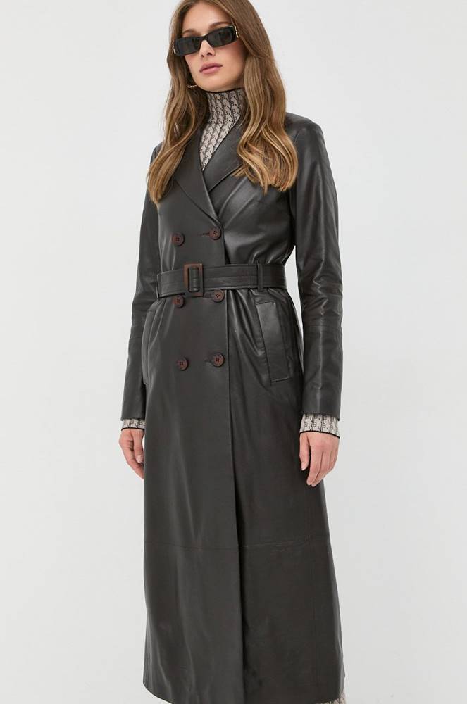 Kožený kabát Ivy Oak dámsky, hnedá farba, prechodný, dvojradový