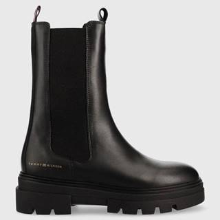 Kožené topánky chelsea Tommy Hilfiger Monochromatic Chelsea Boot dámske, čierna farba, na plochom podpätku,