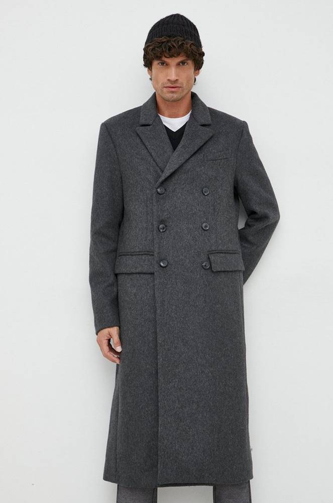 Vlnený kabát Trussardi šedá farba, prechodný, dvojradový