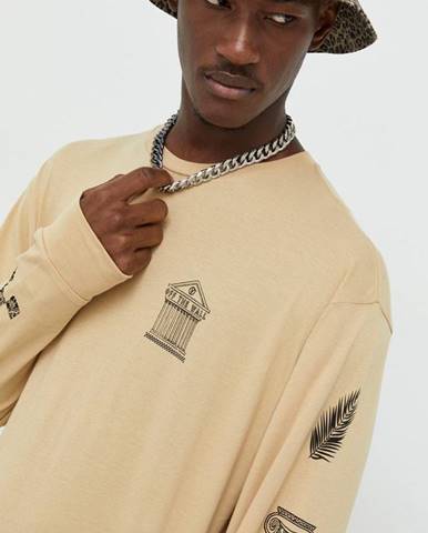 Bavlnené tričko s dlhým rukávom Vans béžová farba, s potlačou