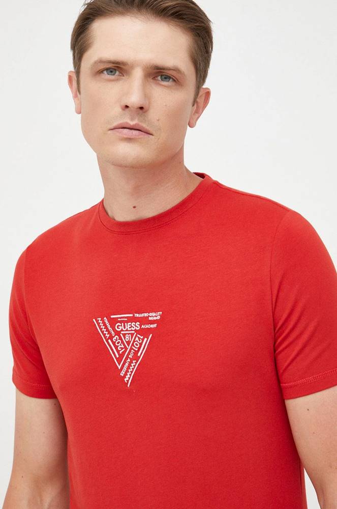 Tričko Guess pánske, červená farba, s potlačou