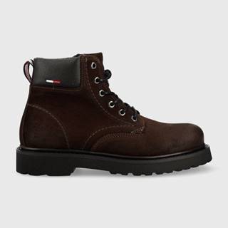 Semišové členkové topánky Tommy Jeans Bran Short Lace Up Nylon Collar pánske, hnedá farba