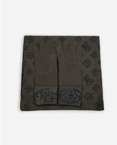 Sada dámskych vzorovaných rukavíc a šálu v čierno-hnedej farbe