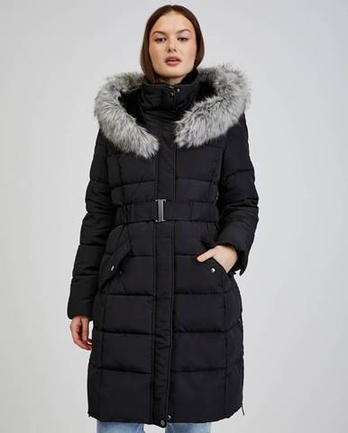Čierny dámsky páperový zimný kabát s kapucňou a umelým kožúškom